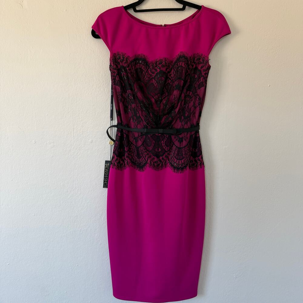 NEW Tadashi Shoji cap sleeve pink with black lace dress